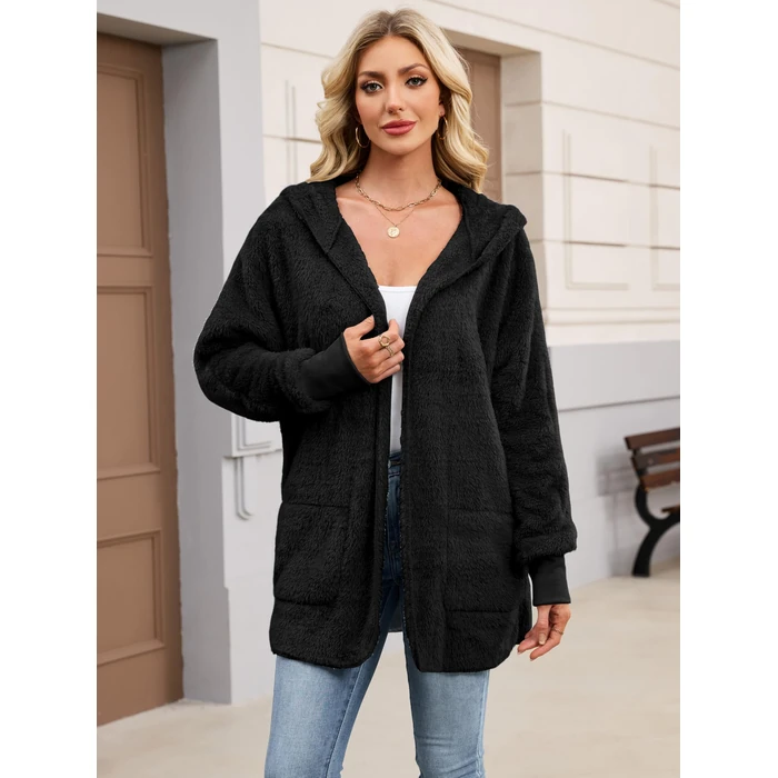 NIeyook Hoodie Sherpa Women's Winter Jackets Hooded Cardigan Sweater Oversized Long Coat with Pockets Warm Open Front Outwear Black S by NIeyook - Image 2
