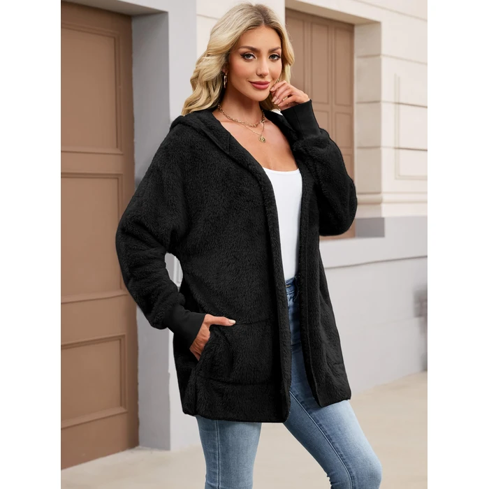 NIeyook Hoodie Sherpa Women's Winter Jackets Hooded Cardigan Sweater Oversized Long Coat with Pockets Warm Open Front Outwear Black S by NIeyook - Image 3