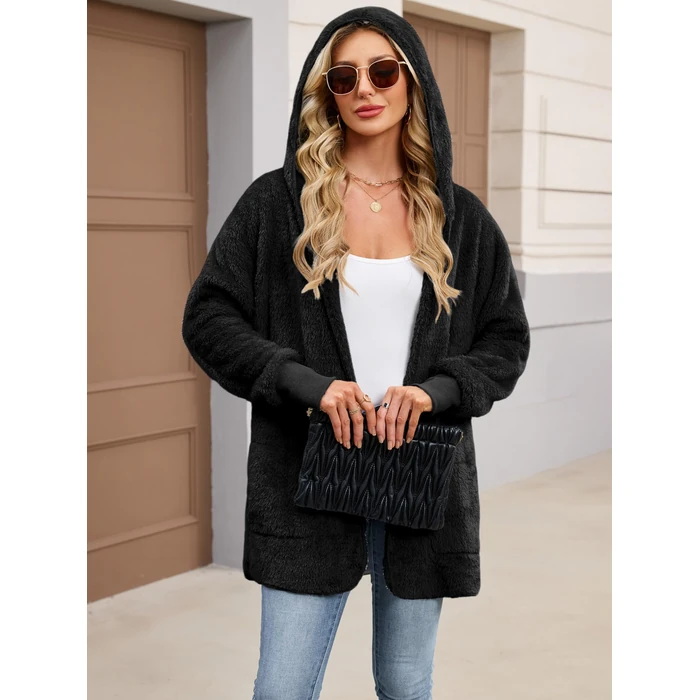 NIeyook Hoodie Sherpa Women's Winter Jackets Hooded Cardigan Sweater Oversized Long Coat with Pockets Warm Open Front Outwear Black S by NIeyook - Image 4