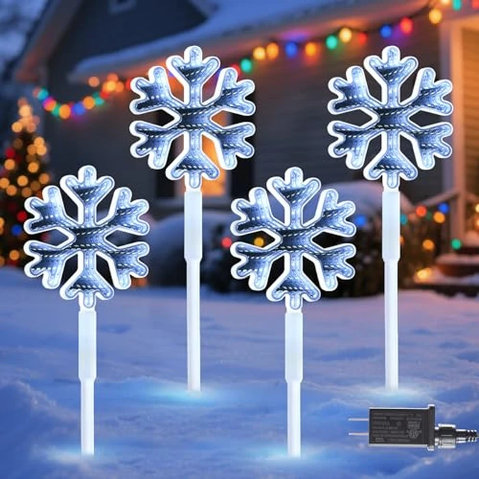 Quntis Christmas Decorations Outdoor, 4-Pack 292Leds Snowflake Pathway Lights, Dual-Side Mirror Design for 3D Tunnel Effect, IP44 Waterproof Garden Stake Light Plug in for Holiday Driveway Yard Lawn by Quntis - Used - Very Good condition - CA$19.31