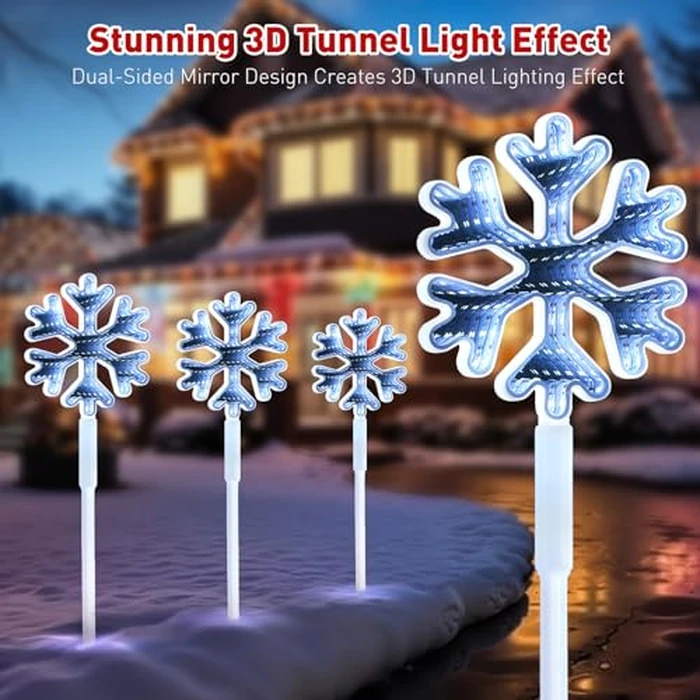 Quntis Christmas Decorations Outdoor, 4-Pack 292Leds Snowflake Pathway Lights, Dual-Side Mirror Design for 3D Tunnel Effect, IP44 Waterproof Garden Stake Light Plug in for Holiday Driveway Yard Lawn by Quntis - Image 2