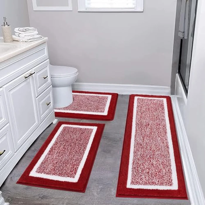 Pauwer 3 Piece Bath Mat Set Bathroom Rugs, Non Slip Plush Bathroom Mats, Absorbent Shaggy Bath Rug Set with U-Shaped Contour Toilet Mat for Bathroom Bedroom Living Room, Red by Pauwer - Used - Like New condition - CA$77.79