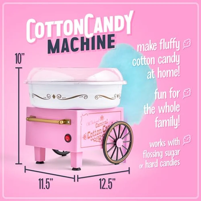 Nostalgia Vintage Cotton Candy Machine - Countertop Cotton Candy Maker With 2 Reusable Cones & 1 Sugar Scoop - Use Hard Candy or Sugar to Create Fluffy, Delicious Treats in Minutes-Pink by Nostalgia - Image 2