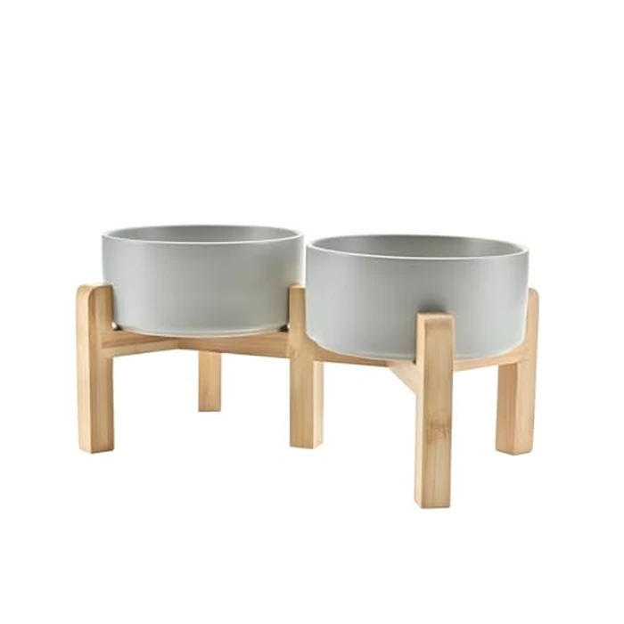 SPUNKYJUNKY Elevated Dog Bowls Ceramic, 6.1'' Dogs and Cat Food Water Bowls Raised with Non-Slip Bamboo Stand for Medium Sized Breed Microwave Dishwasher Safe - 28.7 OZ,Grey by SPUNKYJUNKY - Used - Acceptable condition - US$30.79