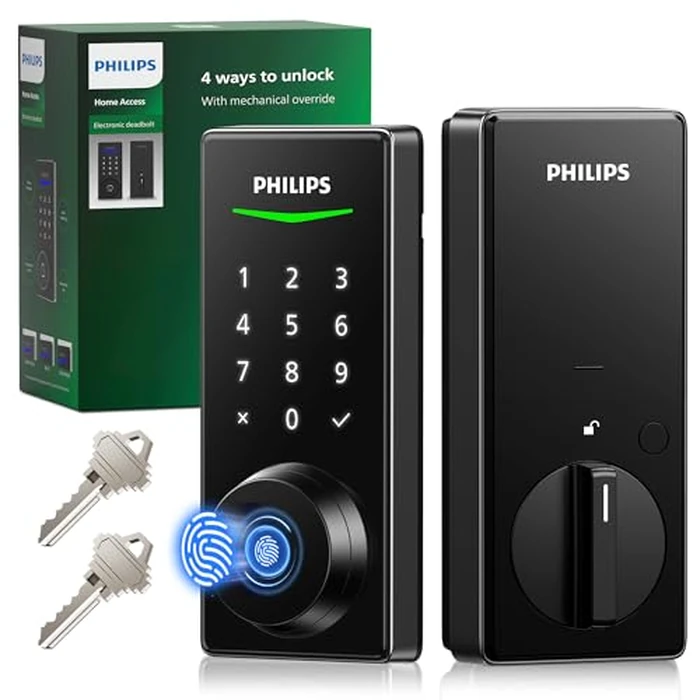 Philips Fingerprint Door Lock, Touchscreen Digital Keypad Deadbolt with Keys, Electronic Biometric Keyless Entry, Auto Locking, Easy Install, Matte Black by Philips - Used - Good condition - CA$93.55