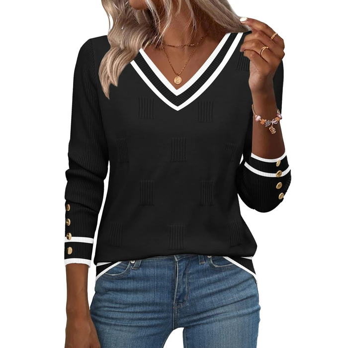 Zeagoo Womens Long Sleeve Sweaters Light V Neck Fall Button Shirt Tops Dressy Work Blouses Sweater Fashion Tunic Trendy Clothes Black-White by Zeagoo - Image 1