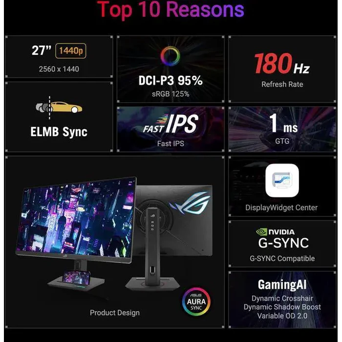 ASUS ROG Strix 27" QHD 2K 1440P 180Hz fast IPS with AMD FreeSync (AMD Adaptive Sync) & G-Sync compatible HDR400 1ms DCI-P3 95%, USB-C built-in Ai by ASUS - Image 6