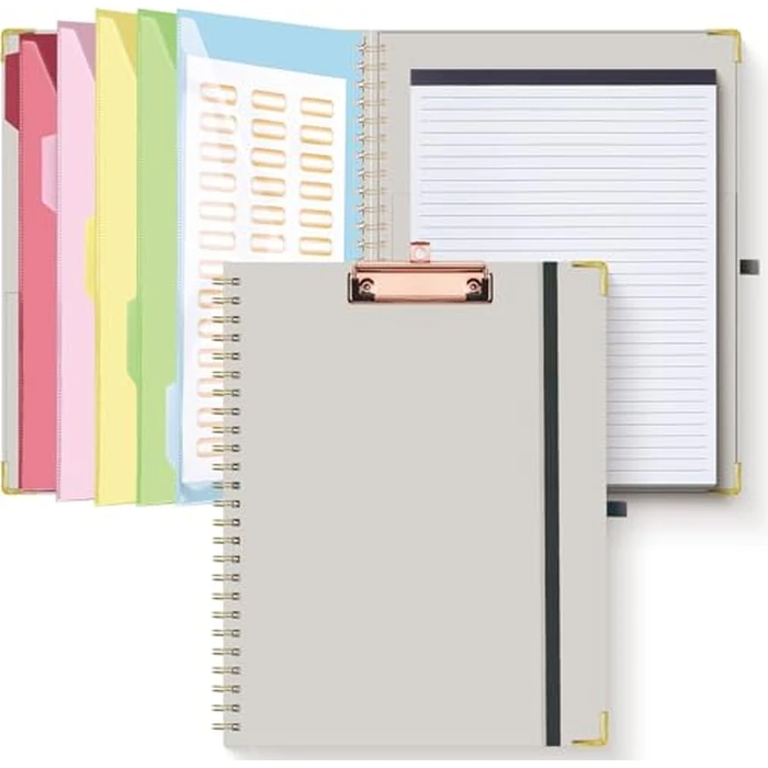 HAUTOCO Clipboard Folio with Refillable Lined Notepad for Letter Size (11" x 8.5"), 5 Dividers with 10 Pockets, Elastic Pen Holder and File Folder Labels, Spiral Nurse Clipboard Artboard(Gray) by HAUTOCO - Used - Like New condition