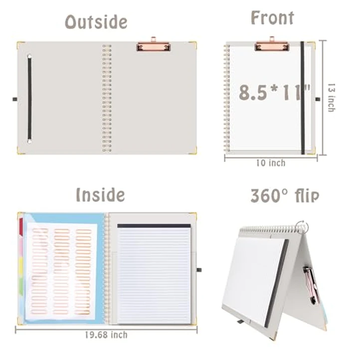 HAUTOCO Clipboard Folio with Refillable Lined Notepad for Letter Size (11" x 8.5"), 5 Dividers with 10 Pockets, Elastic Pen Holder and File Folder Labels, Spiral Nurse Clipboard Artboard(Gray) by HAUTOCO - Image 2