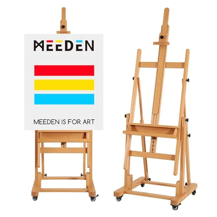 MEEDEN Extra Large Heavy-Duty H-Frame Studio Easel - Solid Beech Wooden Artist Professional Easel, Painting Art Easel Stand with 4 Premium Locking Silent Caster Wheels, Hold Max 82" by MEEDEN - Used - Acceptable condition - CA$111.52