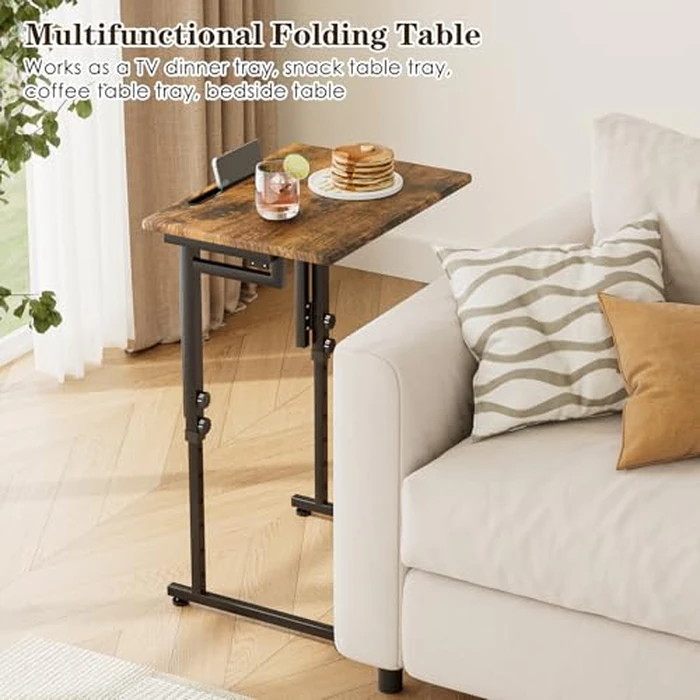 Fleecy day Adjustable Folding TV Tray Table,TV Dinner Small Foldable C-Shaped End Table for Eating,6 Height Adjustable Slide Under Couch Side with Sturdy MDF Top,No Assembly(Brown) by Fleecy day - Image 2