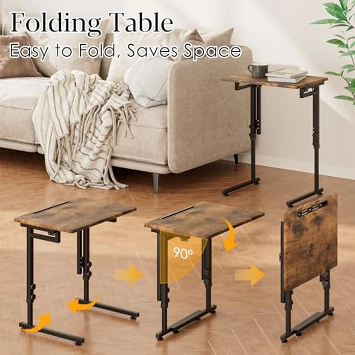 Fleecy day Adjustable Folding TV Tray Table,TV Dinner Small Foldable C-Shaped End Table for Eating,6 Height Adjustable Slide Under Couch Side with Sturdy MDF Top,No Assembly(Brown) by Fleecy day - Image 4