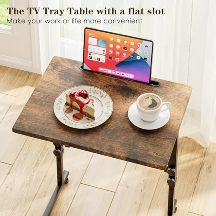 Fleecy day Adjustable Folding TV Tray Table,TV Dinner Small Foldable C-Shaped End Table for Eating,6 Height Adjustable Slide Under Couch Side with Sturdy MDF Top,No Assembly(Brown) by Fleecy day - Image 5