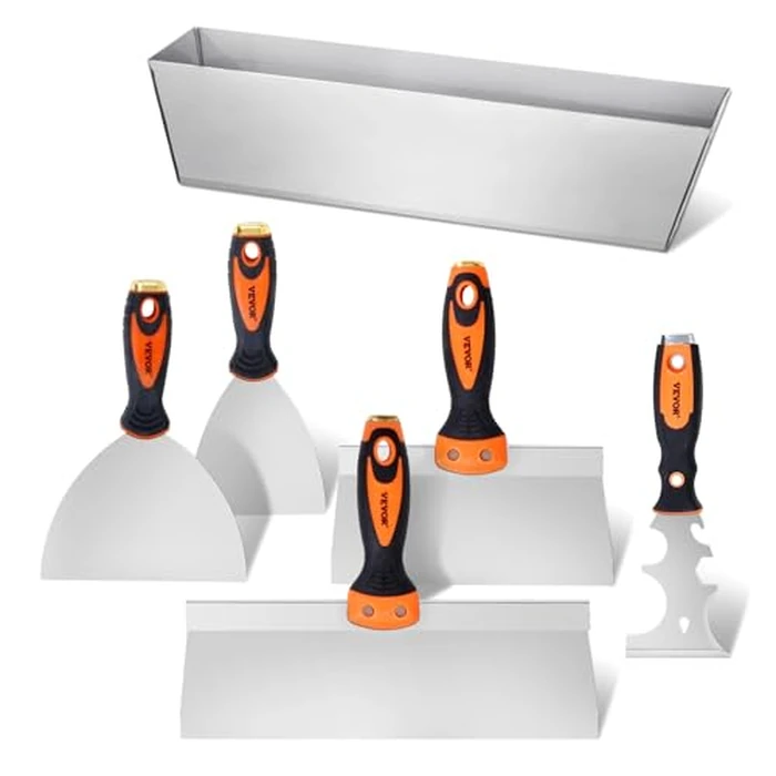 VEVOR Drywall Knife Set, 6 PCS Drywall Tools Includes 3" Painter Scraper, Two Putty Knives, Two Taping Knives and 12" Mud Pan, Stainless Steel Spackle Tool, Drywall Finishing Tools for Home by VEVOR - Used - Like New condition - US$19.89