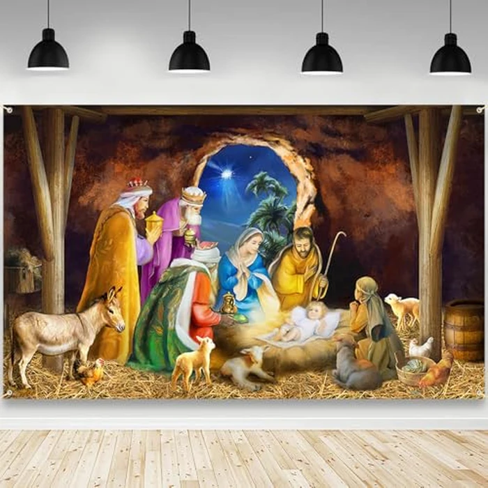 AIBIIN Birth of Jesus Backdrop Christmas Holy Night Christian Nativity Scene Photography Background Religious Christmas O Come Let Us Adore Him Party Decorations Banner 70.8 x 43.3 inch by AIBIIN - Used - Very Good condition - US$4.71