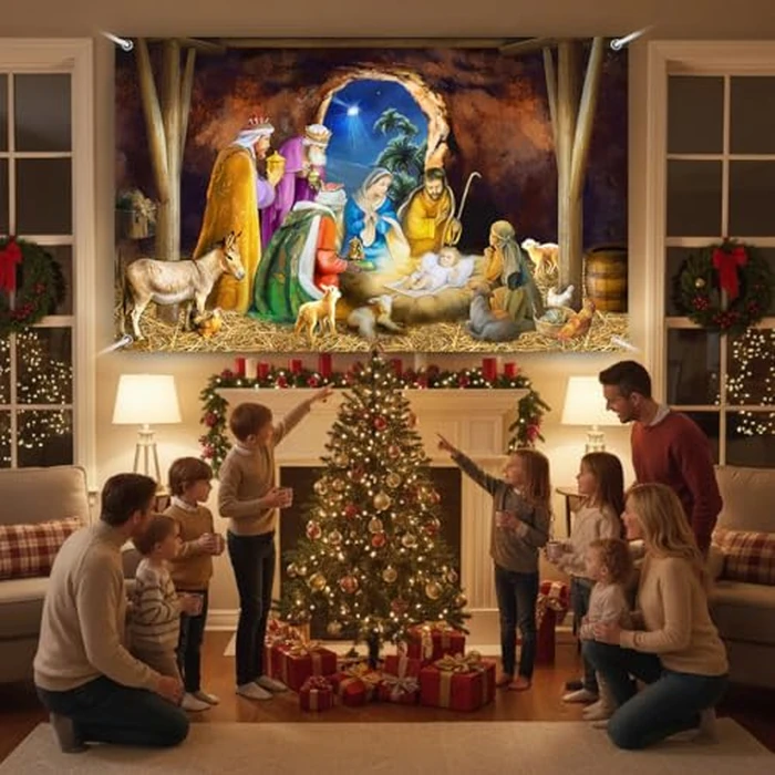 AIBIIN Birth of Jesus Backdrop Christmas Holy Night Christian Nativity Scene Photography Background Religious Christmas O Come Let Us Adore Him Party Decorations Banner 70.8 x 43.3 inch by AIBIIN - Image 6