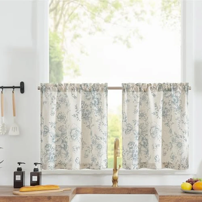 jinchan Floral Linen Tier Curtains Blue Flower on Beige Cafe Curtains 24 Inch Length Kitchen Living Room Bedroom Bathroom Farmhouse Rustic Country Rod Pocket 2 Panels by jinchan - Used - Like New condition