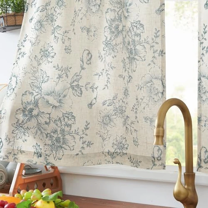 jinchan Floral Linen Tier Curtains Blue Flower on Beige Cafe Curtains 24 Inch Length Kitchen Living Room Bedroom Bathroom Farmhouse Rustic Country Rod Pocket 2 Panels by jinchan - Image 5