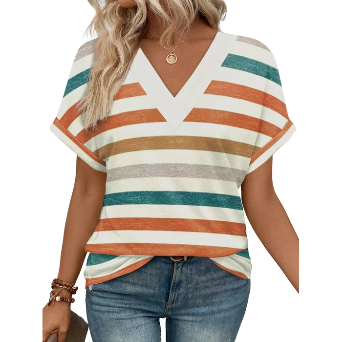 WIHOLL Plus Size Spring Clothes for Women 2026 Dressy Casual Short Sleeve Tops V Neck Shirts Business Beach Vacation Orange Stripes 2XL by WIHOLL - Image 1