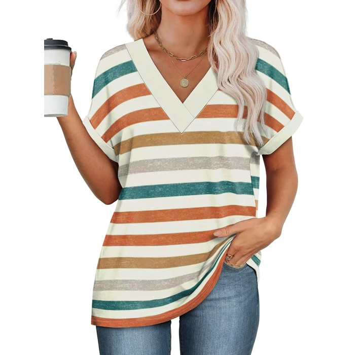 WIHOLL Plus Size Spring Clothes for Women 2026 Dressy Casual Short Sleeve Tops V Neck Shirts Business Beach Vacation Orange Stripes 2XL by WIHOLL - Image 3