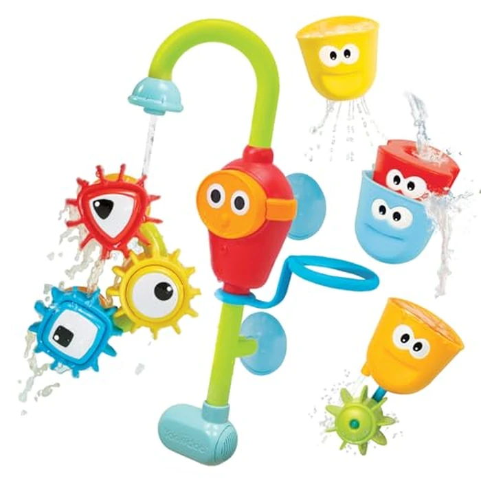 Yookidoo Bay Bath Toddler Toys (Ages 1-3) - 3 Stackable Cups, Spinning Gears, Hose & Spout for Water Play - Mold Free - Suction Cups Attach to Any Bath Tub or Shower - Spin N Sort Spout Pro by Yookidoo - Image 1