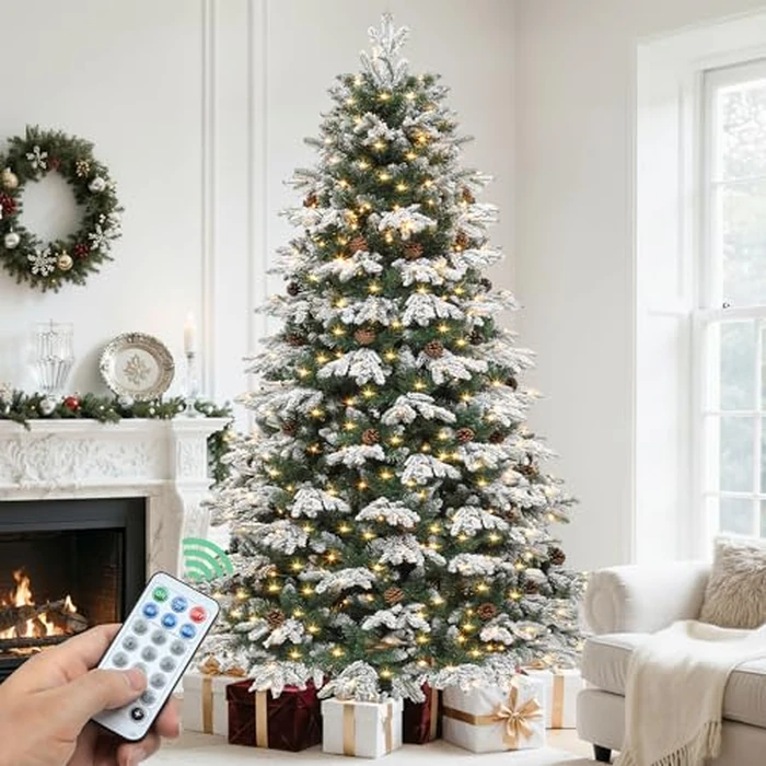YITAHOME 7.5FT Pre-Lit Tiered Flocked Christmas Tree with Remote Control, Pre-Decorated Flocked Hinged Artificial Christmas Tree with 1200 PE&PVC Mixed Tips and Pinecones, w/ 11 Lighting Functions by YITAHOME - Used - Very Good condition - CA$93.14
