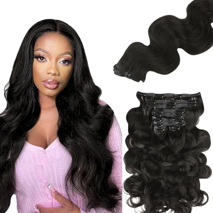 Lashey Clip in Hair Extensions Real Human Hair 150g Body Wave 9pcs Seamless Clip in Hair Extensions, 22 Inch #1B Natural Black 100% Real Soft Human Hair for Women by Lashey - Image 1