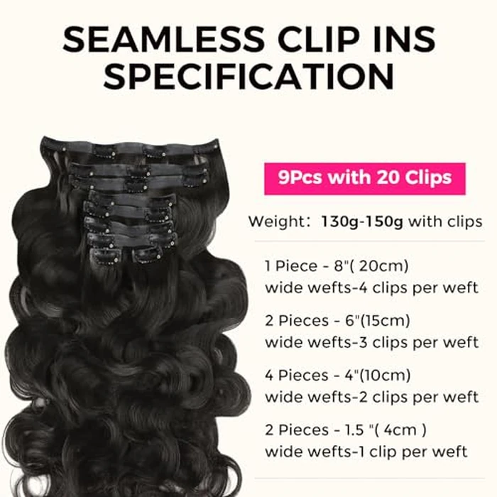 Lashey Clip in Hair Extensions Real Human Hair 150g Body Wave 9pcs Seamless Clip in Hair Extensions, 22 Inch #1B Natural Black 100% Real Soft Human Hair for Women by Lashey - Image 2