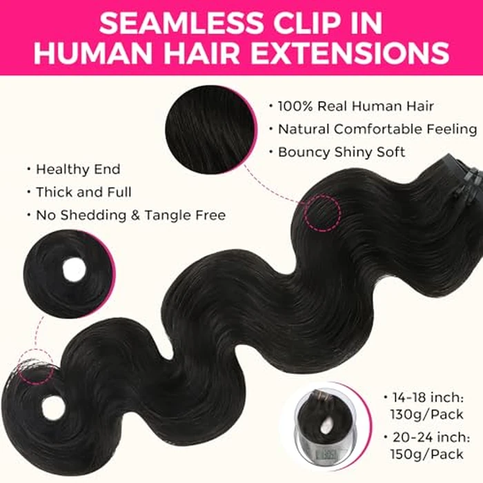 Lashey Clip in Hair Extensions Real Human Hair 150g Body Wave 9pcs Seamless Clip in Hair Extensions, 22 Inch #1B Natural Black 100% Real Soft Human Hair for Women by Lashey - Image 3