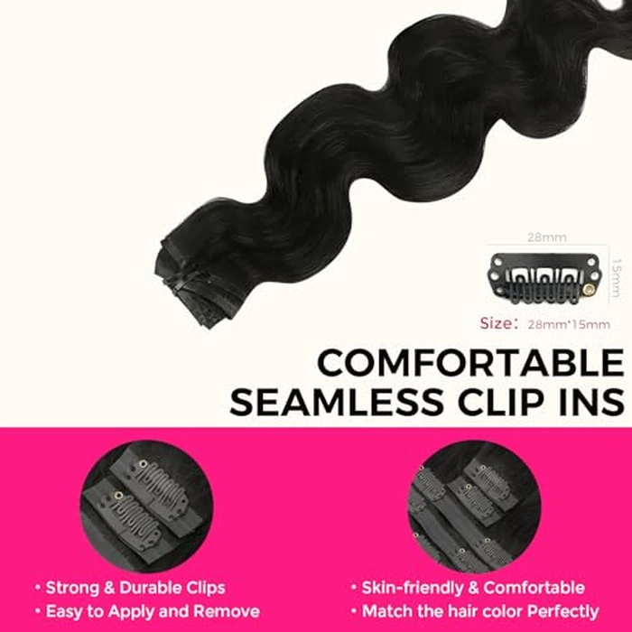 Lashey Clip in Hair Extensions Real Human Hair 150g Body Wave 9pcs Seamless Clip in Hair Extensions, 22 Inch #1B Natural Black 100% Real Soft Human Hair for Women by Lashey - Image 6