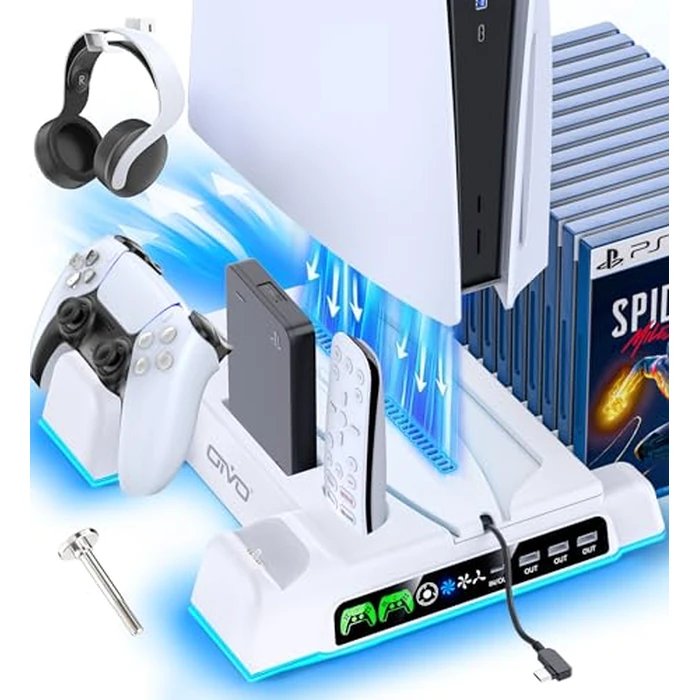 PS5/Slim/Pro Stand and Cooling Station with LED Controller Charging Station for PlayStation 5 Console, Controller Charger, Cooling Stand, PS5/Slim/Pro Skin Accessories Kit with 3 Level Cooler Fan by OIVO - Used - Like New condition - US$30.07