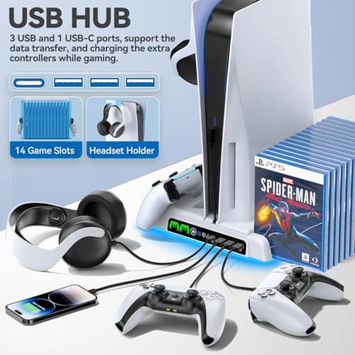 PS5/Slim/Pro Stand and Cooling Station with LED Controller Charging Station for PlayStation 5 Console, Controller Charger, Cooling Stand, PS5/Slim/Pro Skin Accessories Kit with 3 Level Cooler Fan by OIVO - Image 3