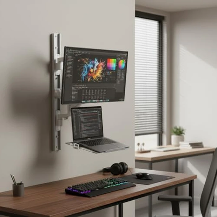 ZeboZap ZLTV8022 Wall Monitor Mount with Keyboard Tray | Fits 17 to 43 Inch | Single Monitor Wall Mount with Laptop Tray | Home Office, Bedside, Healthcare | White | 26.4 lbs by CondoMounts - Image 3