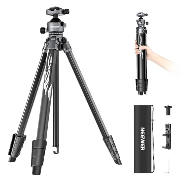 NEEWER LITETRIP LT07 61" Aluminum Travel Tripod for Camera w Pan Tilt Low Profile Ball Head, Arca QR Plate Compatible with Peak Design Tripod Plate V3, Dual Center Axis, Phone Holder, Max Load 22lb by NEEWER - Image 1