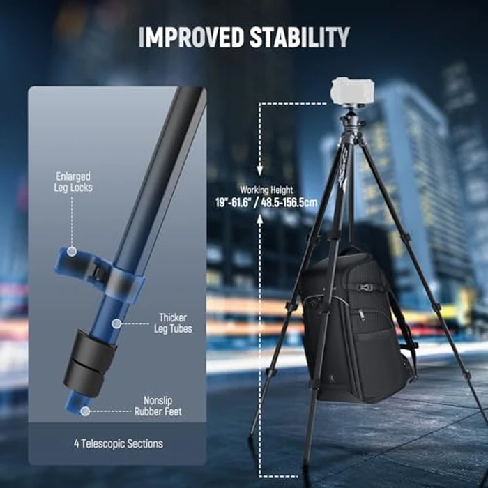 NEEWER LITETRIP LT07 61" Aluminum Travel Tripod for Camera w Pan Tilt Low Profile Ball Head, Arca QR Plate Compatible with Peak Design Tripod Plate V3, Dual Center Axis, Phone Holder, Max Load 22lb by NEEWER - Image 3