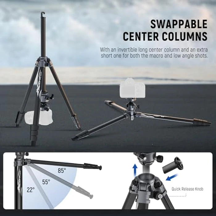 NEEWER LITETRIP LT07 61" Aluminum Travel Tripod for Camera w Pan Tilt Low Profile Ball Head, Arca QR Plate Compatible with Peak Design Tripod Plate V3, Dual Center Axis, Phone Holder, Max Load 22lb by NEEWER - Image 4