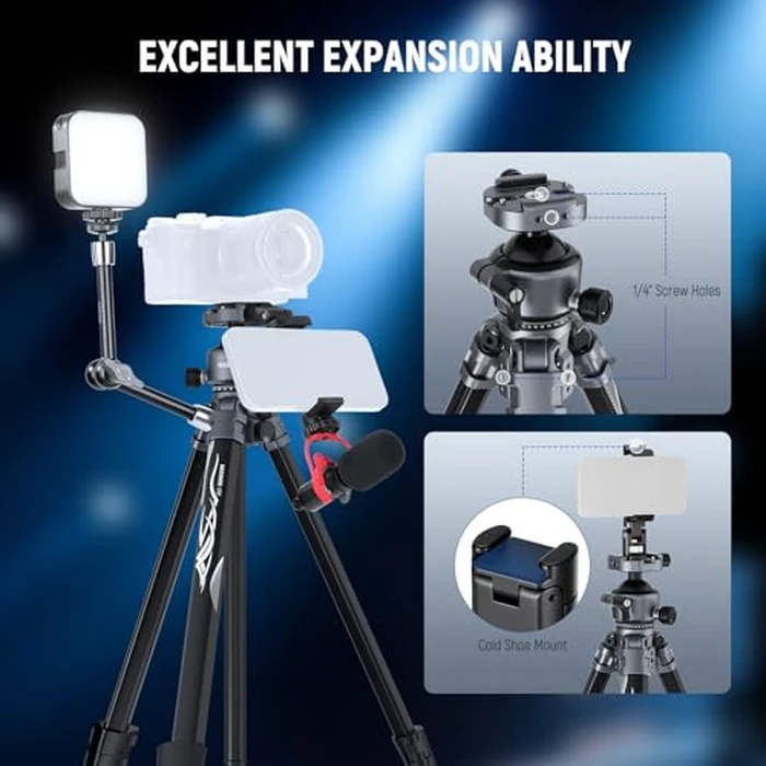 NEEWER LITETRIP LT07 61" Aluminum Travel Tripod for Camera w Pan Tilt Low Profile Ball Head, Arca QR Plate Compatible with Peak Design Tripod Plate V3, Dual Center Axis, Phone Holder, Max Load 22lb by NEEWER - Image 5