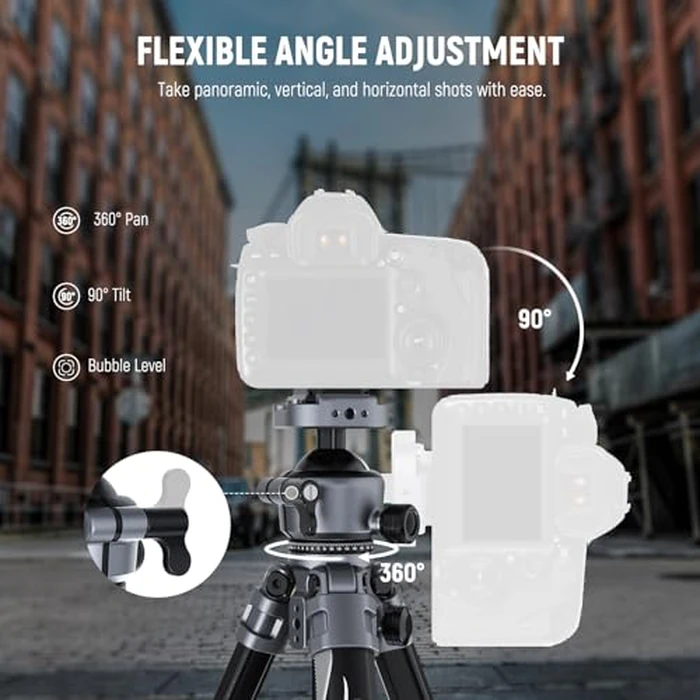 NEEWER LITETRIP LT07 61" Aluminum Travel Tripod for Camera w Pan Tilt Low Profile Ball Head, Arca QR Plate Compatible with Peak Design Tripod Plate V3, Dual Center Axis, Phone Holder, Max Load 22lb by NEEWER - Image 6