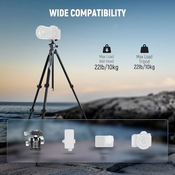 NEEWER LITETRIP LT07 61" Aluminum Travel Tripod for Camera w Pan Tilt Low Profile Ball Head, Arca QR Plate Compatible with Peak Design Tripod Plate V3, Dual Center Axis, Phone Holder, Max Load 22lb by NEEWER - Image 7