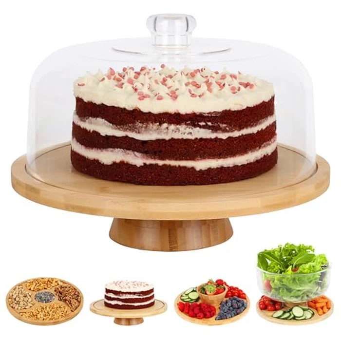 JOEY'Z 6 in 1 Large Bamboo Wood Cake Stand with Lid - Multiuse Wooden Cake Stand with Dome Acrylic Cake Cover/Cake Dome - Cake Holder With Lid - Bamboo Base Punch Bowl - Cake Stands by JOEY'Z - Used - Acceptable condition