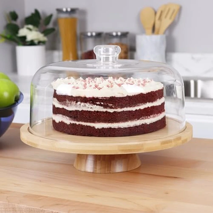 JOEY'Z 6 in 1 Large Bamboo Wood Cake Stand with Lid - Multiuse Wooden Cake Stand with Dome Acrylic Cake Cover/Cake Dome - Cake Holder With Lid - Bamboo Base Punch Bowl - Cake Stands by JOEY'Z - Image 4
