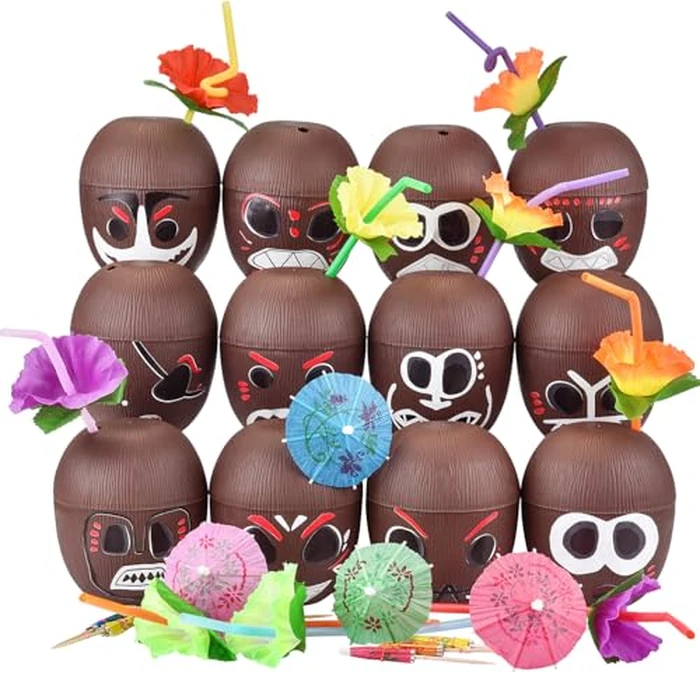 NINU 12 Pack Coconut Cups with 12 Straws 12 Cocktail Drink Picks and 12 stickers, DIY Tropical Hawaiian Luau Tiki and Beach Party Decorations for Adults by NINU - Image 1