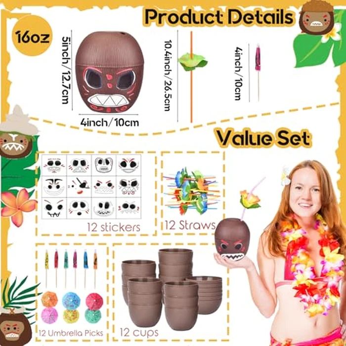 NINU 12 Pack Coconut Cups with 12 Straws 12 Cocktail Drink Picks and 12 stickers, DIY Tropical Hawaiian Luau Tiki and Beach Party Decorations for Adults by NINU - Image 2