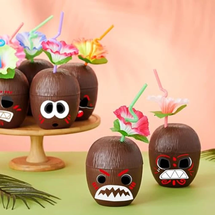 NINU 12 Pack Coconut Cups with 12 Straws 12 Cocktail Drink Picks and 12 stickers, DIY Tropical Hawaiian Luau Tiki and Beach Party Decorations for Adults by NINU - Image 3