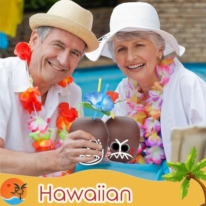 NINU 12 Pack Coconut Cups with 12 Straws 12 Cocktail Drink Picks and 12 stickers, DIY Tropical Hawaiian Luau Tiki and Beach Party Decorations for Adults by NINU - Image 9