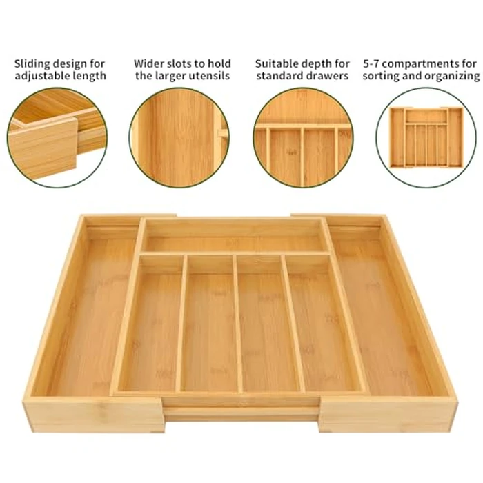 VaeFae Bamboo Drawer Organizer, Expandable Silverware Drawer Organizer, Cutlery Tray with Dividers for Kitchen Utensils, Medium by VaeFae - Image 3