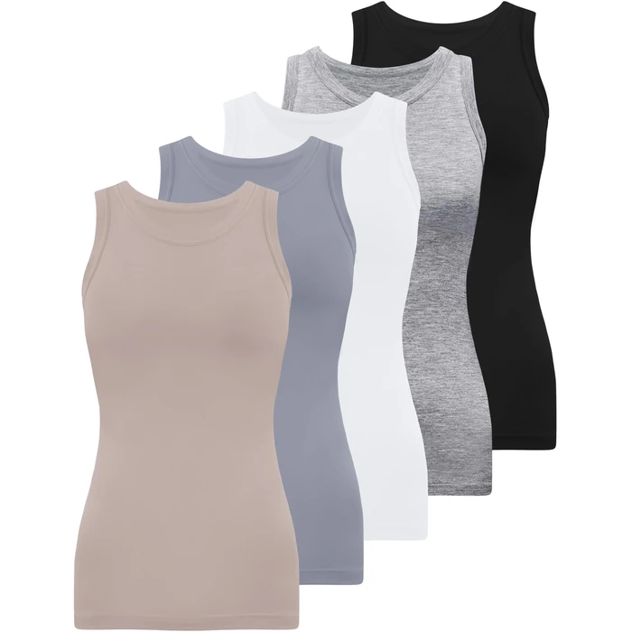 BQTQ 5 Pack Womens Crewneck Tank Tops High Neck Sleeveless Tanks Slim Fit Basic Ladies Undershirts, Black, Gray, White, Charcoal, Nude Pink, M by BQTQ - Used - Like New condition - US$18.60