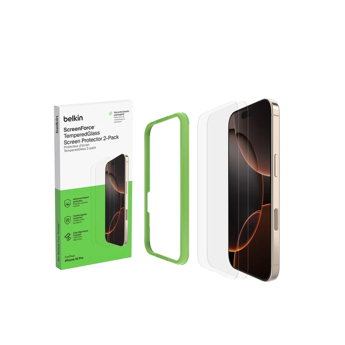 Belkin ScreenForce TemperedGlass Treated Screen Protector for iPhone 16 Pro - Slim & Scratch-Resistant - Includes Easy Align Frame for Bubble Free Application - 2-Pack by Belkin - Used - Like New condition