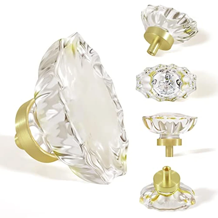 SHINY HANDLES Satin Brass Cabinet Knobs and Pulls, Gold Cabinet Hardware for Dresser, Clear Glass Crystal Drawer Hardware (Oval, 16 Pack) by SHINY HANDLES - Image 1