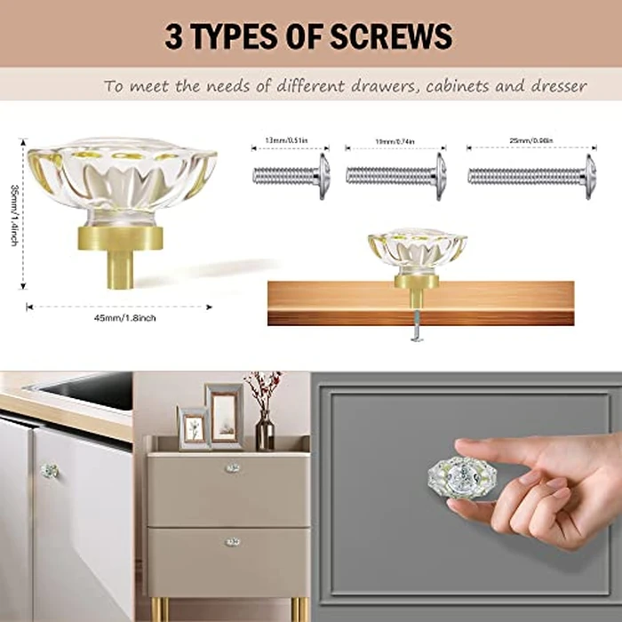 SHINY HANDLES Satin Brass Cabinet Knobs and Pulls, Gold Cabinet Hardware for Dresser, Clear Glass Crystal Drawer Hardware (Oval, 16 Pack) by SHINY HANDLES - Image 4